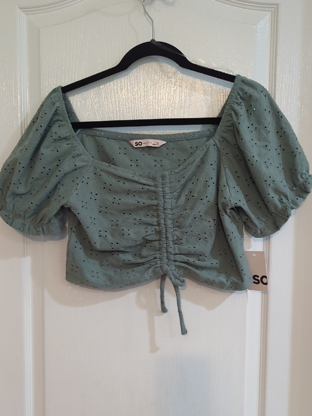 NWT SO Sage Green Eyelet Puff Sleeve Ruched Crop Top XL